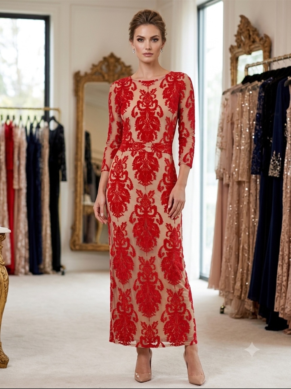 For Love And Lemons Red Lace Appliqué Long Sleeve Sheath Dress